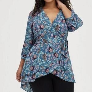 Torrid Floral Wrap Top Womens Size 1X Georgette Tunic Teal High Low Boho Chic